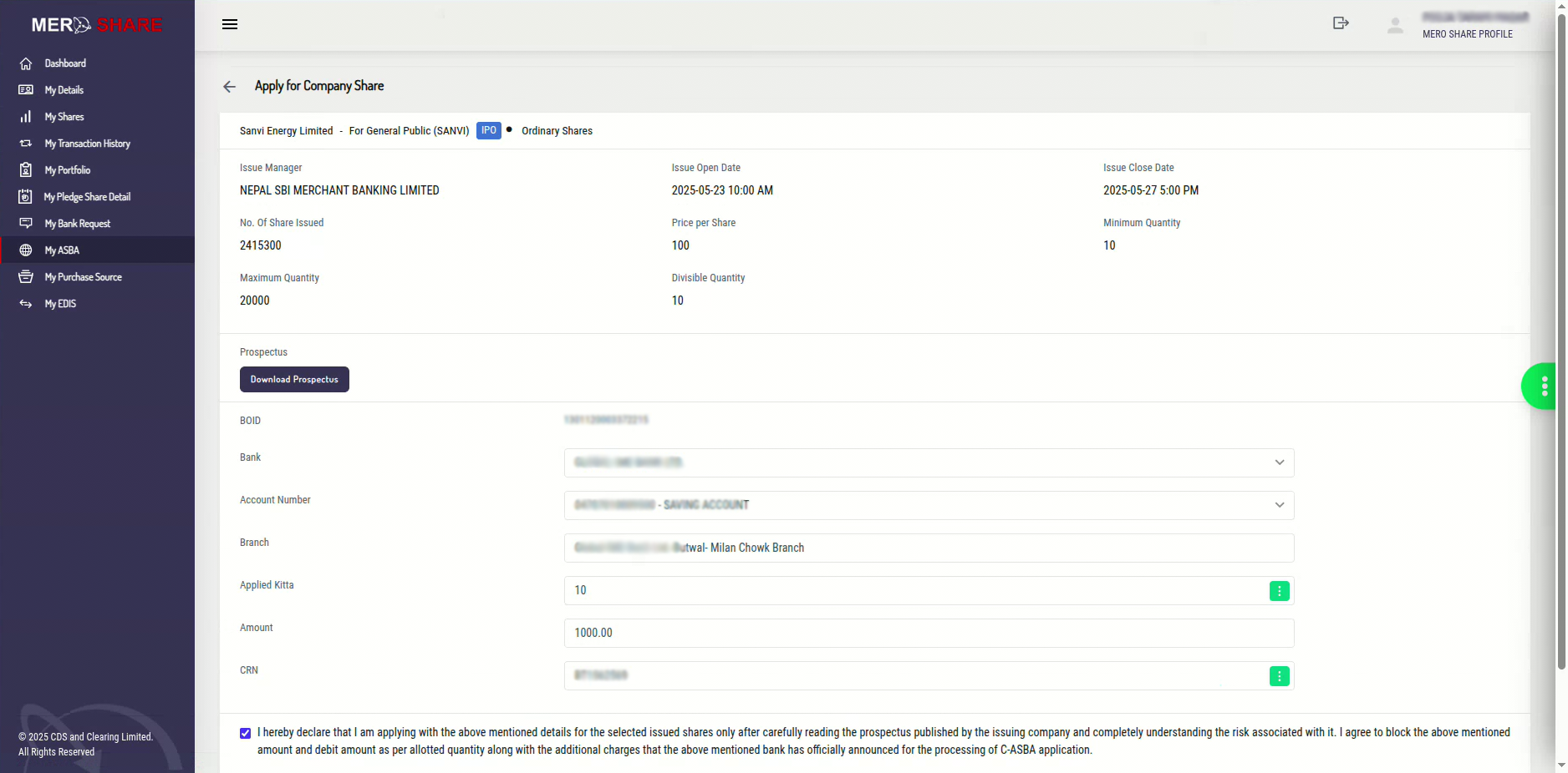 MeroShare Autofill - Apply Share